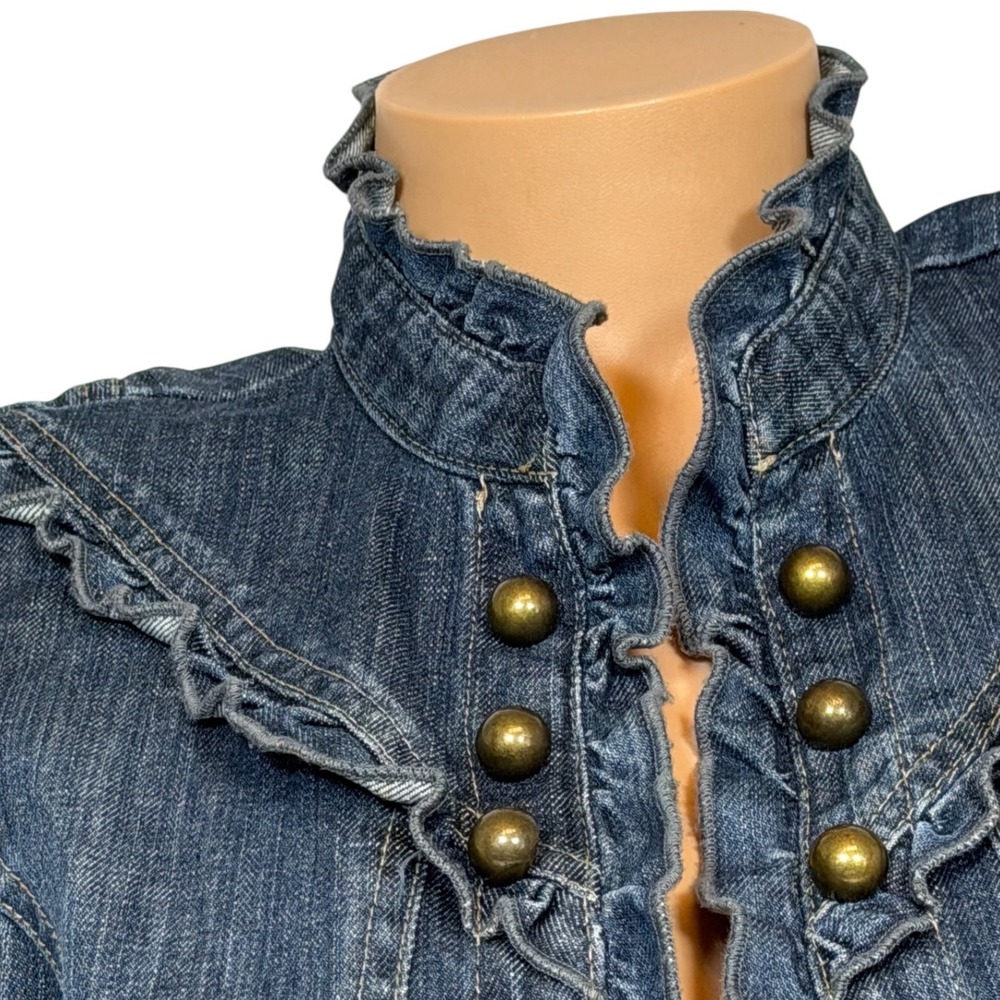 Tribal Denim Women's Size 8 Ruffle Trim Military Vest Blue Stretch Dark Wash - Picture 3 of 9